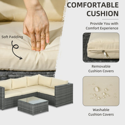 Outsunny 3Pcs Rattan Corner Sofa Set Coffee Table Garden Furniture  w/ Cushion - 5