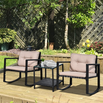 Outsunny 3Pcs Rattan Rocking Set Patio Bistro Table Chairs Conversation
