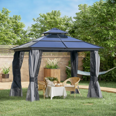 Outsunny 3x3(m) Polycarbonate Hardtop Gazebo w/ Double Roof & Aluminium Frame