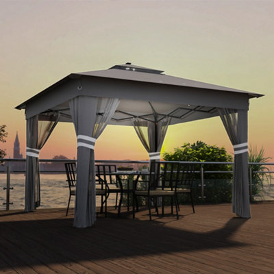 Outsunny 3x3(m) Pop Up Gazebo w/ Solar-Powered LED Lights Netting Grey