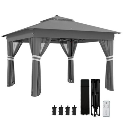 Outsunny 3x3(m) Pop Up Gazebo w/ Solar-Powered LED Lights Netting Grey