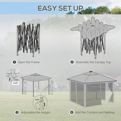Outsunny 3x3(m) Pop Up Gazebo w/ Solar-Powered LED Lights Netting Grey