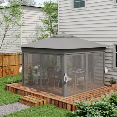 Outsunny 3x3(m) Pop Up Gazebo w/ Solar-Powered LED Lights Netting Grey