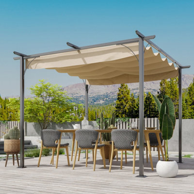 Outsunny 3x3m Outdoor Pergola Metal Gazebo Porch Awning Retractable Canopy Beige