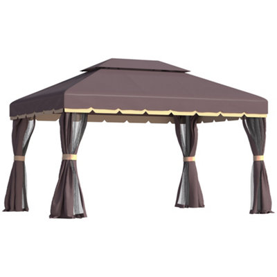 Outsunny 3x4m 2-Tier Gazebo Aluminium Garden Marquee Party Tent Canopy Coffee