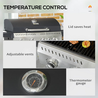 Outsunny 4+1 Burner Propane Gas Barbecue Grill with Thermometer, Bottle Opener