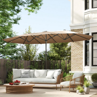 Outsunny 4.4m Double-Sided Sun Umbrella Patio Parasol Solar Lights Khaki