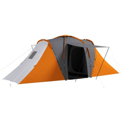 Outsunny 4-6 Man Camping Tent with 2 Bedroom and Living Area, Grey and Orange