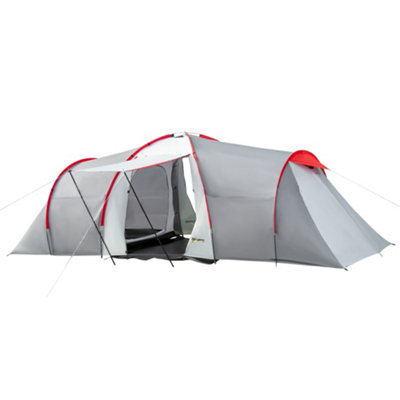 Outsunny 4-6 Person Camping Tent with 2 Bedroom, Living Area and Vestibule, Grey and Red