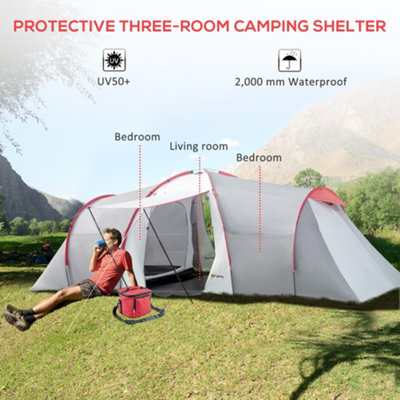 Outsunny 4 6 Person Camping Tent with 2 Bedroom Living Area and Vestibule Grey and Red