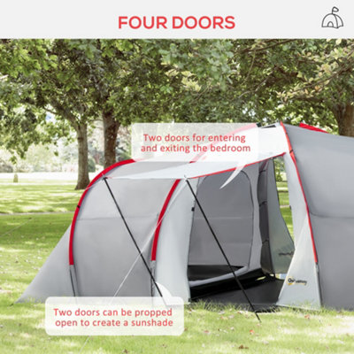 Outsunny 4-6 Person Camping Tent with 2 Bedroom, Living Area and Vestibule, Grey and Red