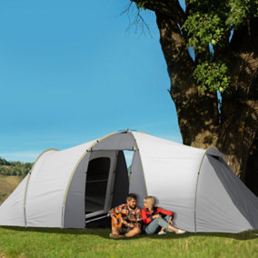 Outsunny 4-6 Person Camping Tent with 2 Bedroom, Living Area and Vestibule, Grey and Yellow