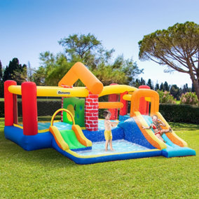 Outsunny 4 in 1 Kids Bouncy Castle Extra Large Double Slides & Trampoline Design Inflatable House Pool Climbing Wall