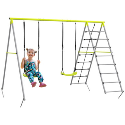 Outsunny 4-in-1 Metal Kids Swing Set with Double Swings, Climber, Climbing Net