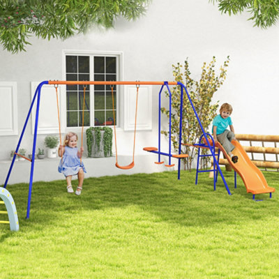 Outsunny 4 in 1 Metal Kids Swing Set with Double Swings, Glider, Slide, Ladder DIY at B&Q