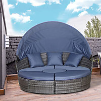 Outsunny 4 PCs Cushioned Outdoor Plastic Rattan Round Sofa Bed Table Set Grey