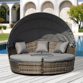 Outsunny 4 PCs Cushioned Outdoor Plastic Rattan Round Sofa Bed Table Set Grey