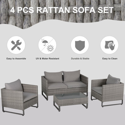 Outsunny 4 PCs PE Rattan Wicker Outdoor Dining Set Sofa Chairs Table Cushions Grey