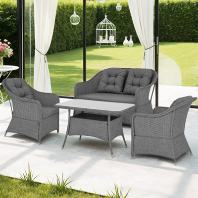 Outsunny PCS Rattan Garden Furniture, Padded Cushions Conversation Sofa  Set