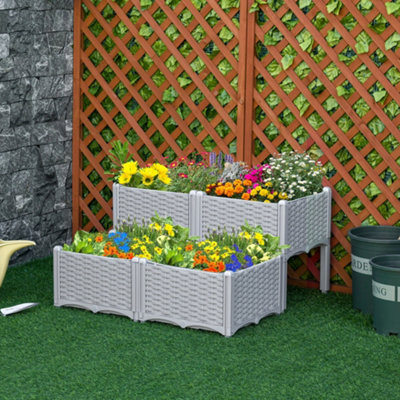 Outsunny 4-piece Elevated Flower Bed Vegetable Planter Plastic, Grey