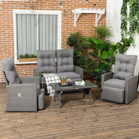Outsunny 4 Piece Rattan Garden Furniture Sets, Sofa Sectional with Wicker Sofa, Reclining Armchair and Glass Table, Grey