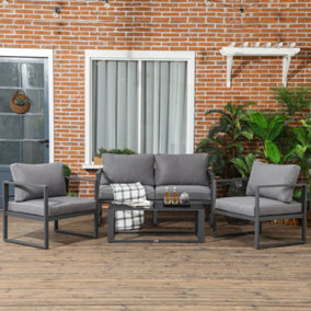 Outsunny 4 Pieces Garden Sofa Set 2 Single Armchair 1 Bench & Side Table Set Aluminium Frame Patio Furniture with Cushions Grey