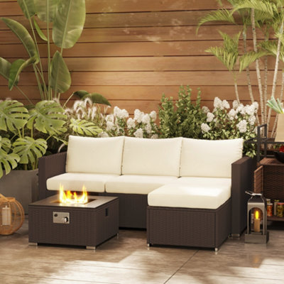Outsunny 4 Seater Rattan Sofa Set with Footstool Thick Cushions Brown Cream