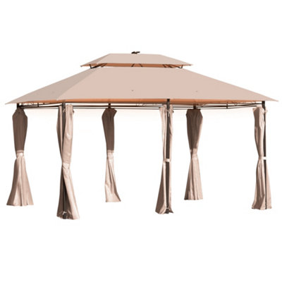 Outsunny 4 x 3(m) Outdoor Gazebo Canopy Garden Pavilion w/ LED Solar Light Khaki