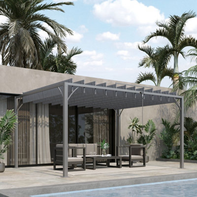 Outsunny 4 x 3(m) Outdoor Louvered Metal Pergola with Retractable Roof, Grey