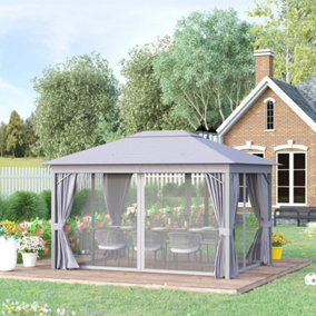Outsunny 4 x 3(m) Patio Gazebo Garden Shelter w/ Curtains and Netting, Grey