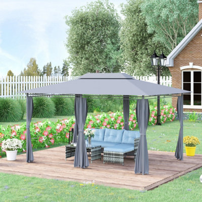 Outsunny 4m x 3(m) Outdoor 2-Tier Steel Frame Gazebo w/ Curtains Outdoor Garden