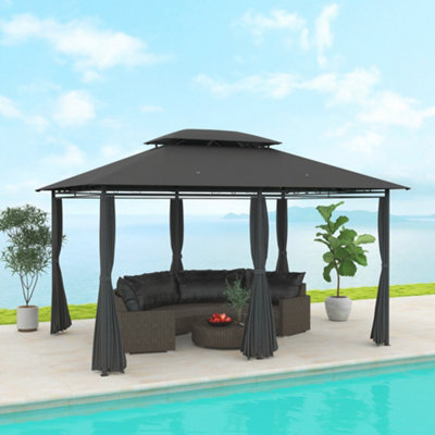 Outsunny 4m x 3(m) Outdoor 2-Tier Steel Frame Gazebo w/ Curtains Outdoor Garden