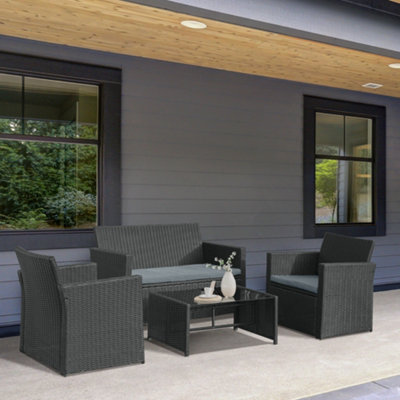 Outsunny 4pc Patio Garden Rattan Wicker Sofa 2-Seater Loveseat Chair Table Black