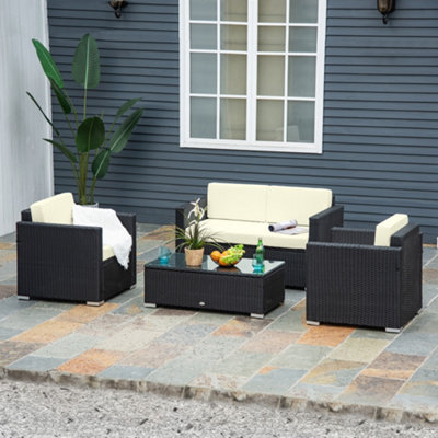 Outsunny 4PC Rattan Sofa Set Outdoor Coffee Table Chair Wicker Garden Black