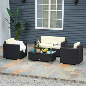 Outsunny 4PC Rattan Sofa Set Outdoor Coffee Table Chair Wicker Garden Furniture Black