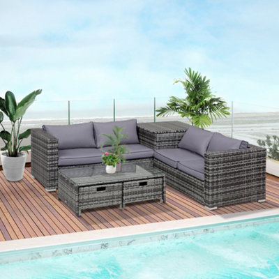 Outsunny 4Pcs Patio Rattan Sofa Garden Furniture Set Table with Cushions Grey at B&Q