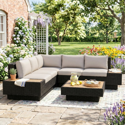 Outsunny 4Pcs Rattan Sofa Set Garden Furniture Set with Armrest Cushions Black