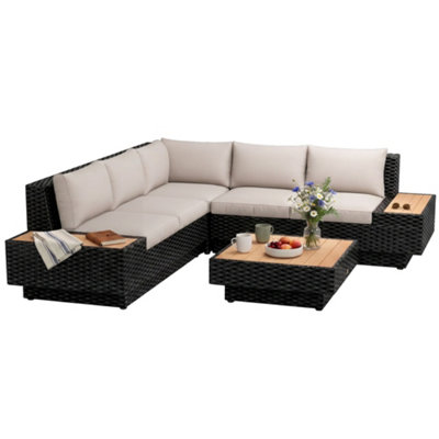 Outsunny 4Pcs Rattan Sofa Set Garden Furniture Set with Armrest Cushions Black