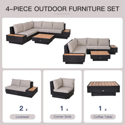 Outsunny 4Pcs Rattan Sofa Set Garden Furniture Set with Armrest Cushions Black