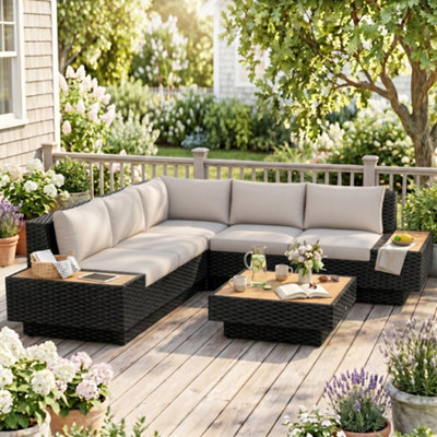 Outsunny 4Pcs Rattan Sofa Set Garden Furniture Set with Armrest Cushions Black