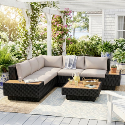 Outsunny 4Pcs Rattan Sofa Set Garden Furniture Set with Armrest Cushions Black