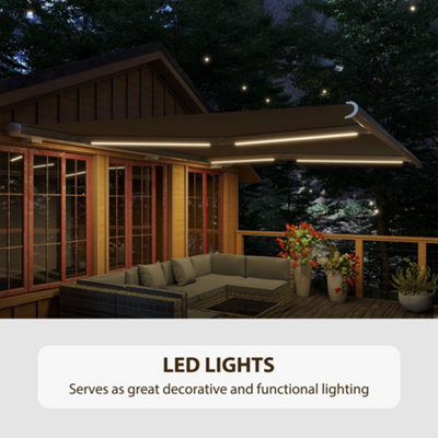 Outsunny 4x3m Full Cassette Electric/Manual Retractable Awning with LED Light and Remote Controller, Sun Canopies for Patio