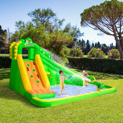 Outsunny 5 in 1 Kids Bouncy Castle Large Crocodile Style Inflatable House Slide Basket Water Pool Gun Climbing Wall