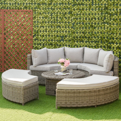 Outsunny 5 PCs Outdoor Rattan Lounge Chair Round Daybed Table Set w Cushion