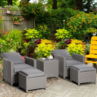 Outsunny 5 PCs Outdoor Rattan Lounge Sofa Footstool Cooler Bar Coffee Table Set