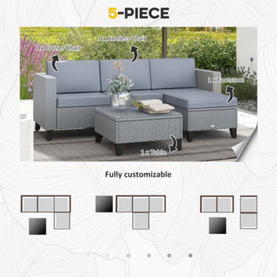 Outsunny 5 PCs Rattan Garden Furniture Set with Glass Coffee Table, Grey