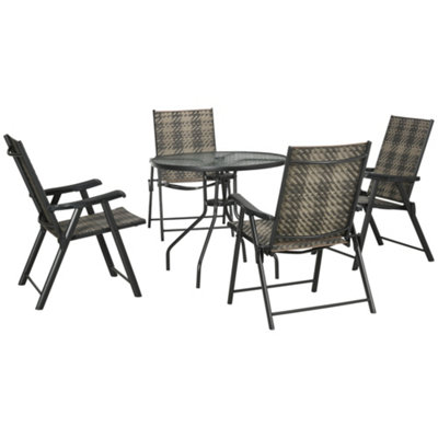 Outsunny 5 Pieces PE Rattan Dining Sets, 80cm Round Glass Top Garden Dining Table with Umbrella Hole