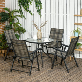 Outsunny 5 Pieces PE Rattan Dining Sets, 80cm Round Glass Top Garden Dining Table with Umbrella Hole