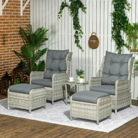 Outsunny 5 Pieces PE Rattan Sun Lounger Set, Outdoor Half-round Wicker Recliner Sofa Bed with Glass Top Two-tier Table