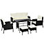 Outsunny 5 Seater Rattan Furniture Set, 2 Armchairs, 3-seater Wicker Sofa, 2 Footstools and Glass Table